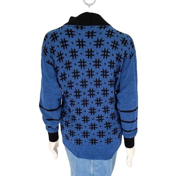 VTG 80s High Neck Drop Sleeve Hashtag Plus Sign Knit Sweater Blue Black SZ 6 - Picture 7 of 9